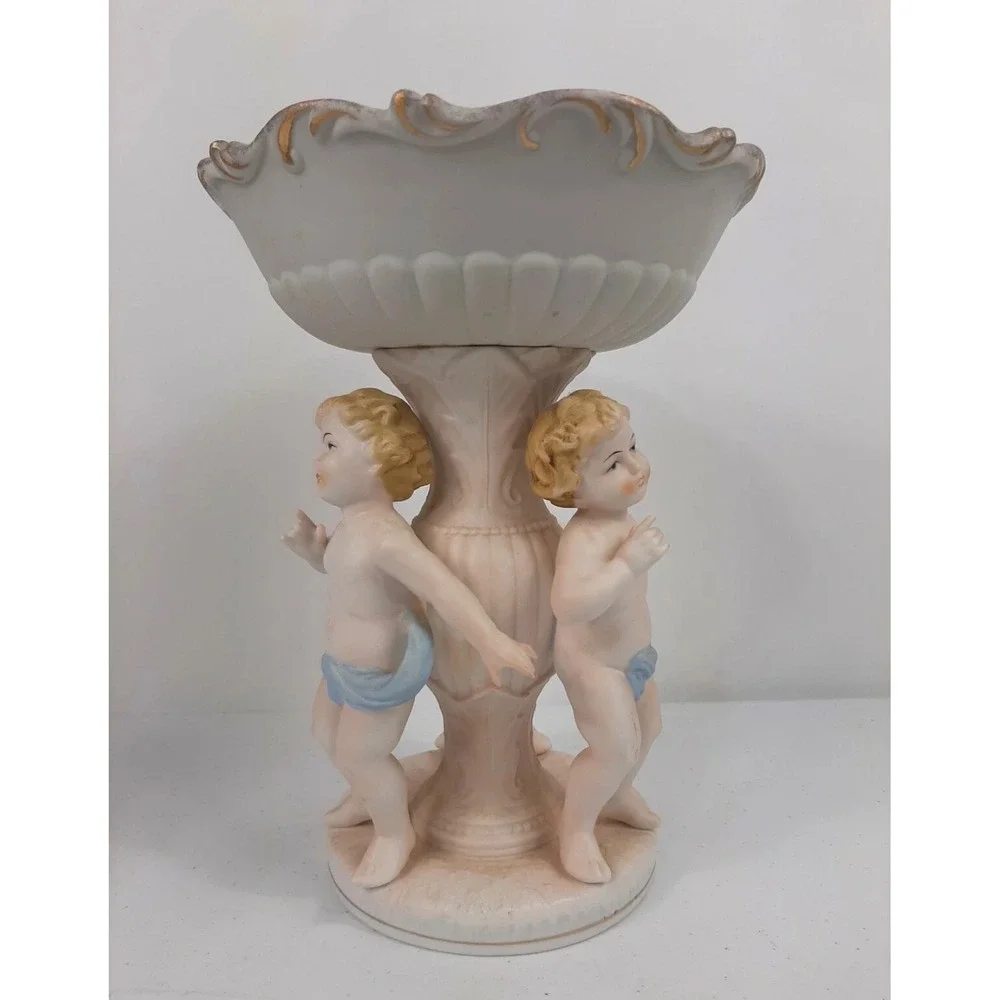 Vintage Porcelain Cherub Compote Bowl Gold‎ Gilt Putti Centerpiece Pedestal 9.5
